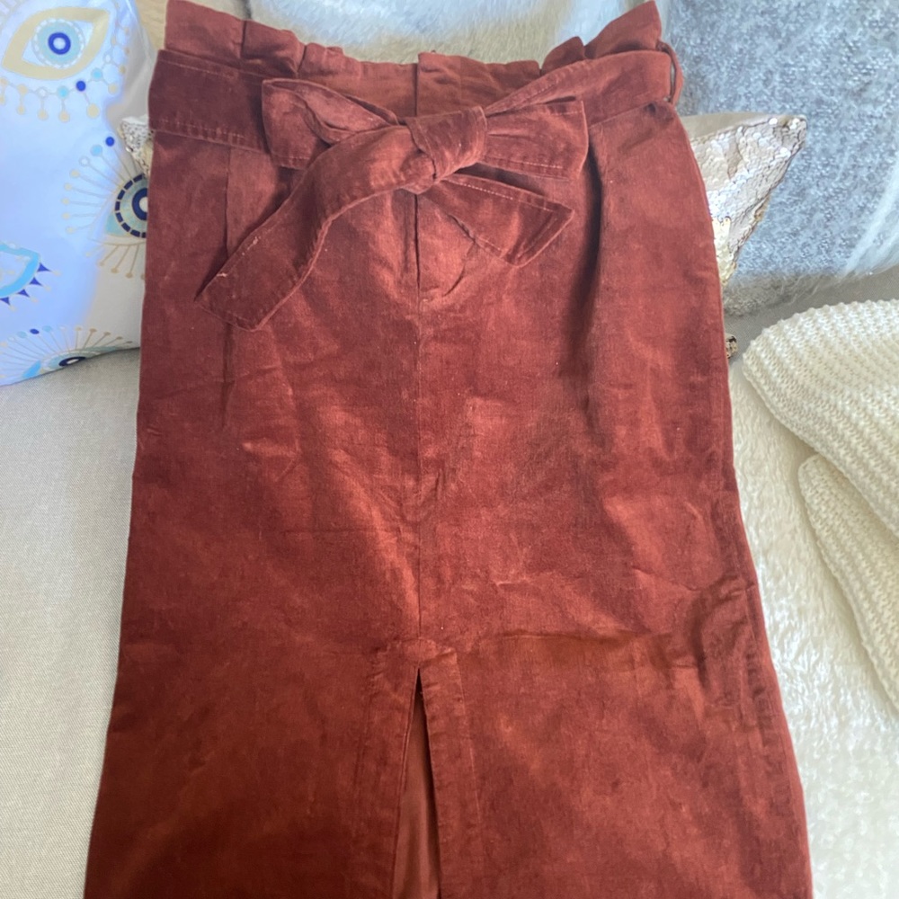 NWOT/Never Worn Corduroy Paperbag-Waist Midi Skirt, Rust Red, Size M